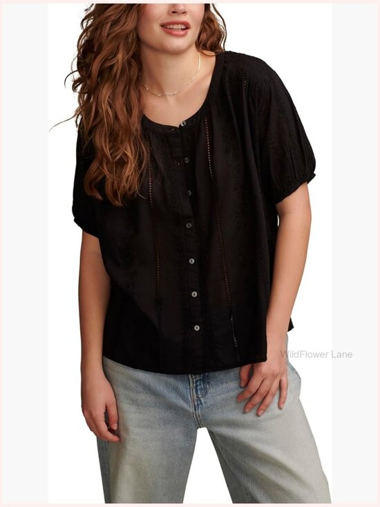 Tops - Smocked Shoulder Button Down Blouse Short Sleeve V-Neck Cotton